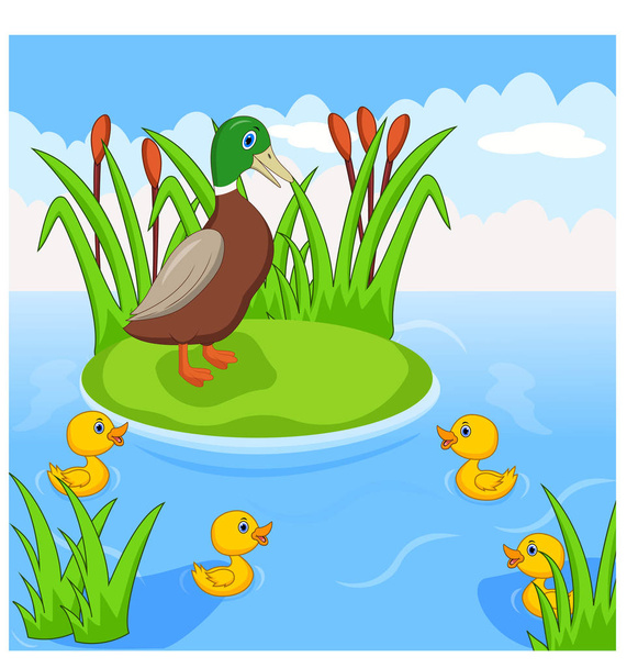 Kaczka matka pływa z jej czterech little cute kaczki w rzece - Wektor, obraz