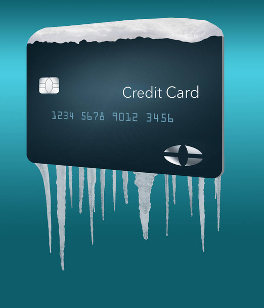 Una tarjeta de crédito con nieve en la parte superior y carámbanos a continuación ilustra la idea de una congelación de crédito en una cuenta de la oficina de crédito. Esta es una ilustración.
. - Foto, Imagen
