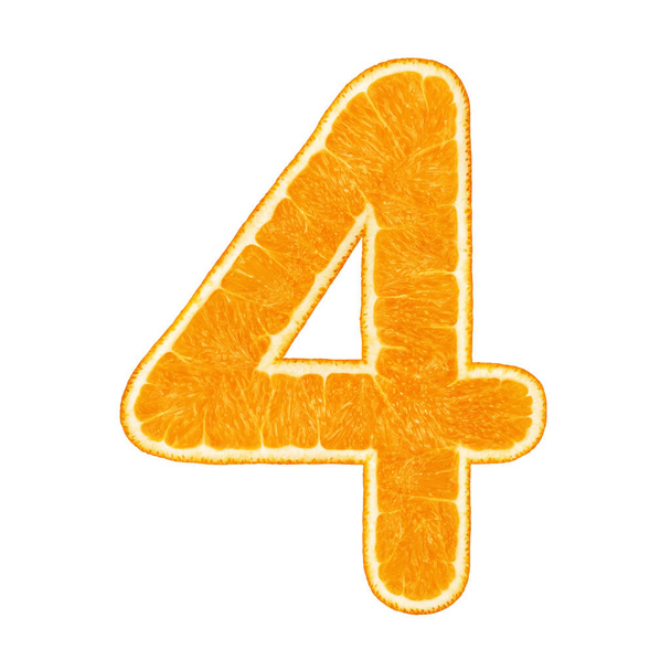 Dígito 4 (número quatro) feito de frutas laranja isoladas em fundo branco com caminho de recorte
 - Foto, Imagem