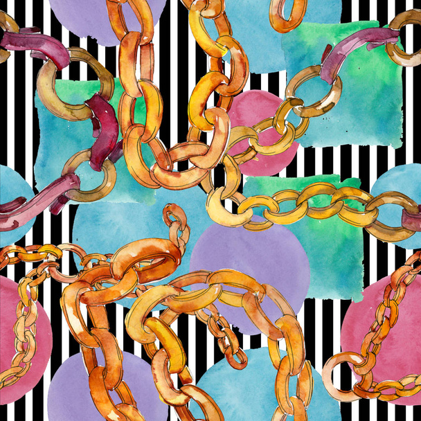 Golden chain belt sketch fashion glamour illustration in a watercolor style background. Seamless background pattern. - Фото, изображение