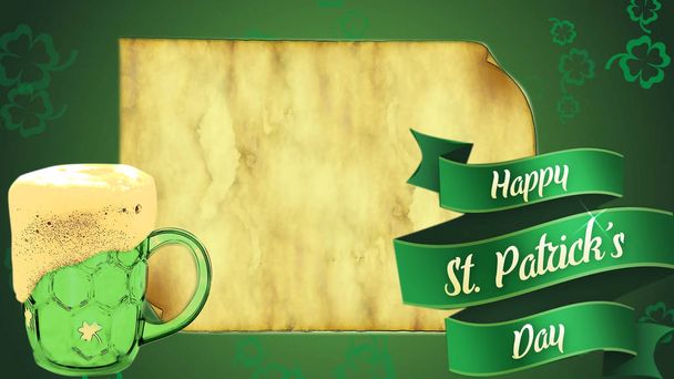 Старая яичная бумага в центре экрана, краска зеленого медведя и лента с текстом Счастливого дня Святого Патрика
 - Фото, изображение