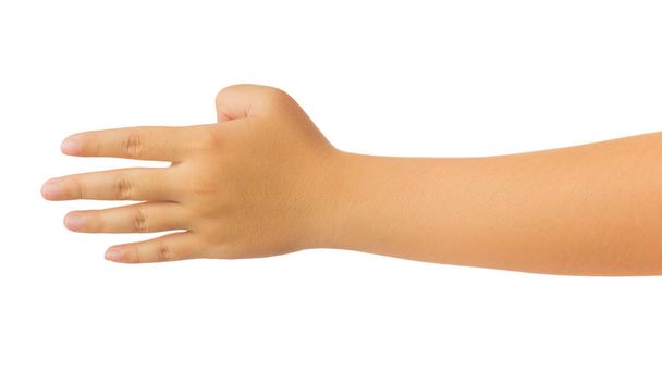 Ανθρώπινο χέρι σε φτάσει το χέρι και μετρώντας αριθμός τέσσερα δάχτυλα χειρονομία απομονωθεί σε λευκό φόντο με διαδρομή αποκοπής, υψηλής ανάλυσης και χαμηλής αντίθεσης για ρετουσάρισμα ή γραφικό ονομασία - Φωτογραφία, εικόνα