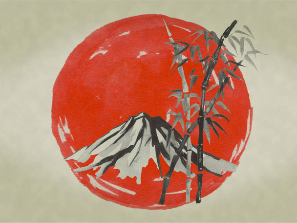 Japan traditional sumi-e painting. Watercolor and ink illustration in style sumi-e, u-sin. Fuji mountain, sakura, sunset. Japan sun. Indian ink illustration. Japanese picture. - Фото, изображение
