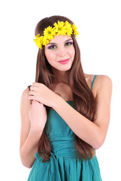 Young beautiful girl in green dress with bright wreath on her head, isolated on white - Φωτογραφία, εικόνα