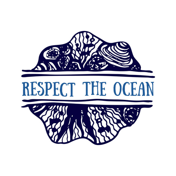 Yksityiskohtainen käsin piirretty logo. Maailman valtamerten päivä, Syvän sininen valtameri
 - Vektori, kuva