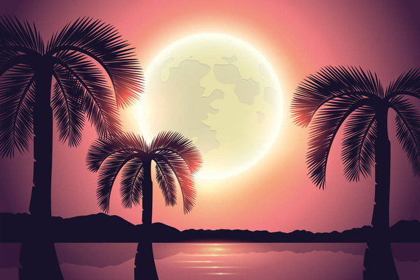 paradise palm beach at full moon in purple colors - Vector, Image