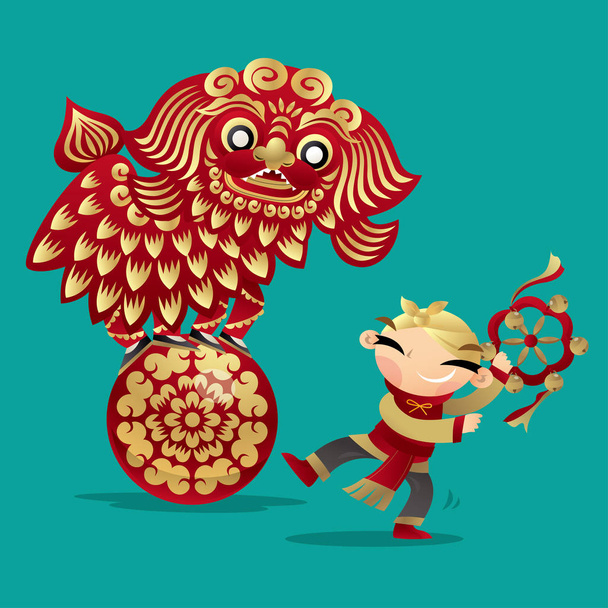 Chinese kids playing lion dancing to celebrate the Chinese New Year Coming - Vector, afbeelding