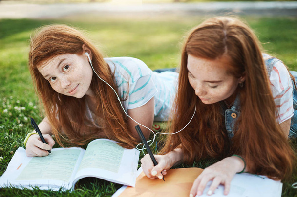 You wanted something to ask. Portrait of charming carefree redhead girl lying on grass in park with stister, sharing earphones while listening music to focus and doing homework together - Photo, Image