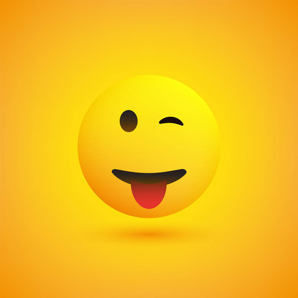 Smiling and Winking Emoji with Stuck Out Tongue - Simple Shiny Happy Emoticon on Yellow Background - Vector Design  - Vector, Image