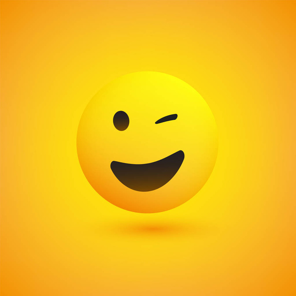 Smiling and Winking Emoji - Simple Shiny Happy Emoticon on Yellow Background - Vector Design  - Vetor, Imagem