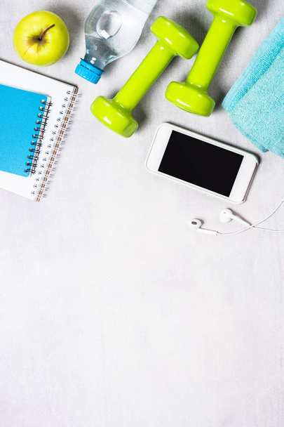 Fitness and healthy lifestyle concept flatlay.  - Foto, afbeelding
