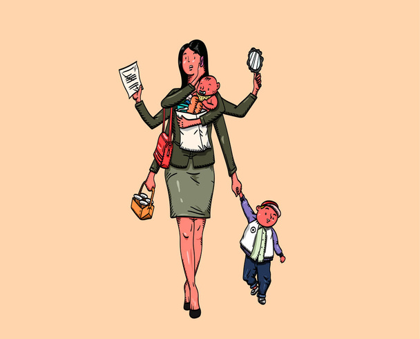 Εκτελέστε πολλαπλές εργασίες ταυτόχρονα γυναίκα. μαμά εργασίας, μητέρα, γυναίκα σε εργασία με τα παιδικά - εικονογράφηση διάνυσμα - Διάνυσμα, εικόνα