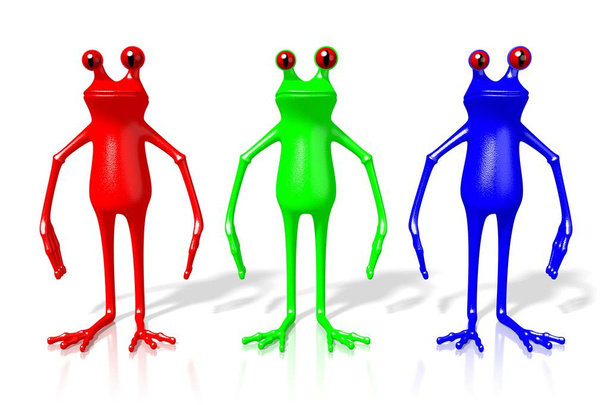 3D κινουμένων σχεδίων βατράχια σε Rgb - κόκκινο, πράσινο, μπλε χρώματα. - Φωτογραφία, εικόνα