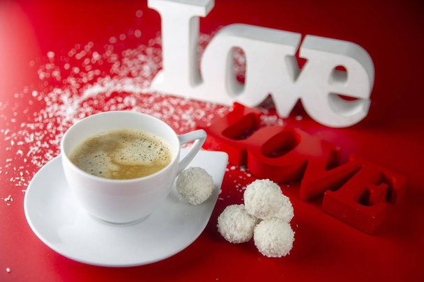 The theme of the lovers.Valentine's day. Coffee with sweets and inscriptions Love - Photo, Image