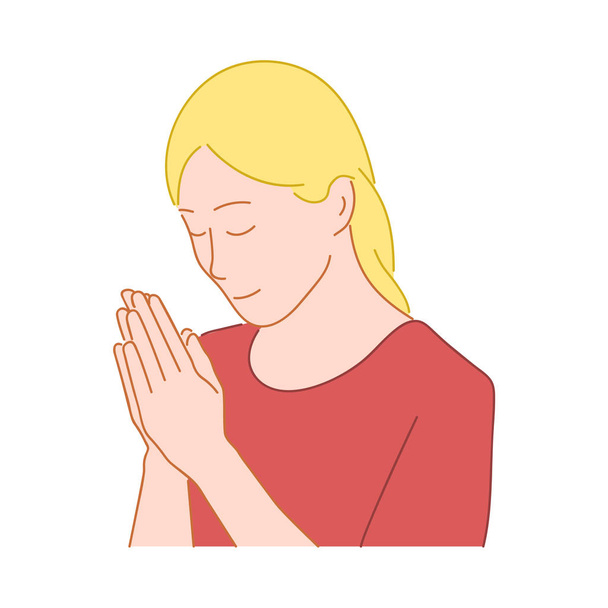 Rapariga a rezar. As palmas das mãos são dobradas juntas. Desenhado à mão estilo doodle design ilustração
 - Vetor, Imagem
