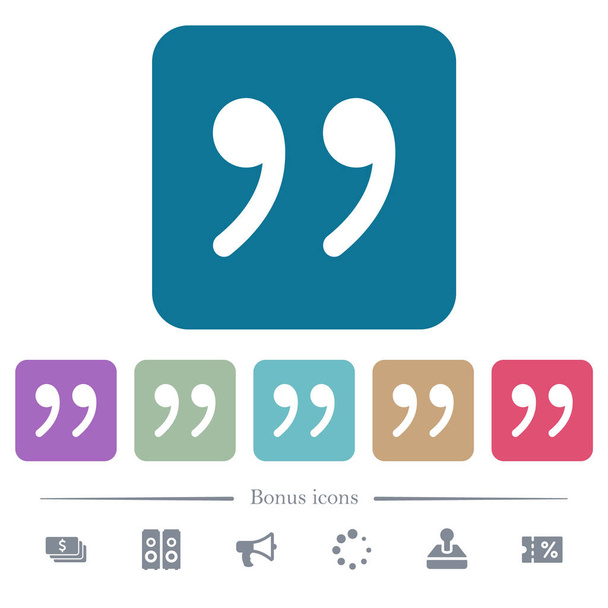 Quotation mark white flat icons on color rounded square backgrounds. 6 bonus icons included - Vector, Image