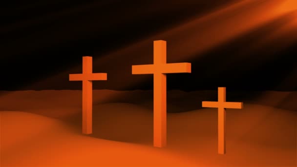 Τρεις σταυρούς χριστιανική βρίσκονται στο έδαφος και τον ήλιο ακτίνες, ανάσταση Πάσχα εννοιολογική τέχνη, 3d καθιστούν - Πλάνα, βίντεο