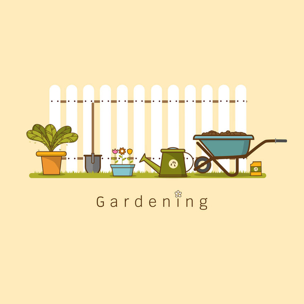 Mezőgazdasági vagy kertészeti fogalmának. Kerti szerszámok. Banner a nyári kert táj aranyos rajzfilm lapos stílusú vektoros illusztráció - Vektor, kép
