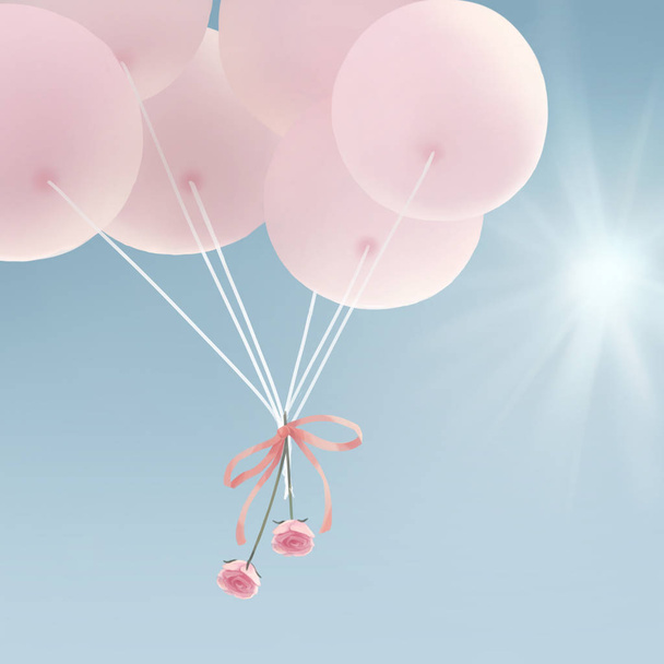 Bazı balonları illüstrasyonlar gül ve pembe kurdele - Fotoğraf, Görsel
