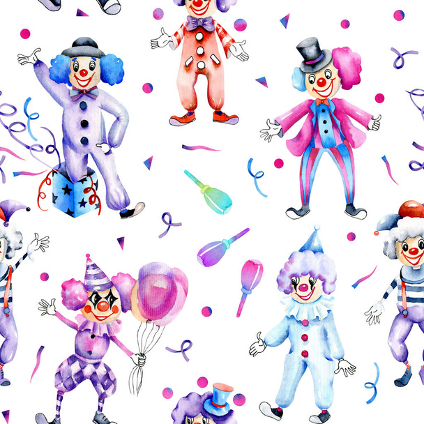 Vesiväri sirkus klovneja ja konfetti saumaton kuvio, käsin maalattu valkoisella pohjalla
 - Valokuva, kuva