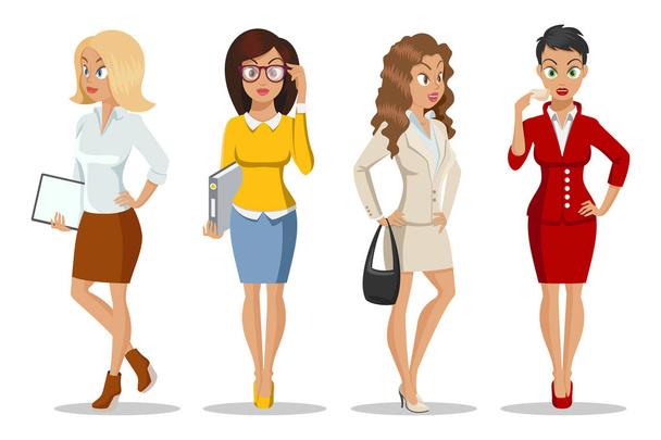 Set of cute young womens in beautiful style. Character design. Business girls. Office ladys. Attractive young womens. - Vector, Image