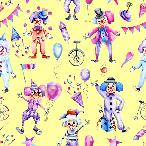 Цирковые клоуны акварелью и различные праздничные элементы бесшовный узор, ручная роспись на желтом фоне
 - Фото, изображение