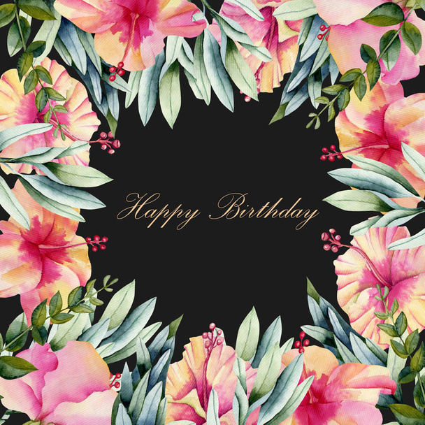 Mintanyomtatvány virágos szegéllyel akvarell hibiszkusz virágok és zöld levelek, kézzel festett sötét háttér előtt, születésnapi kártyák tervezése - Fotó, kép