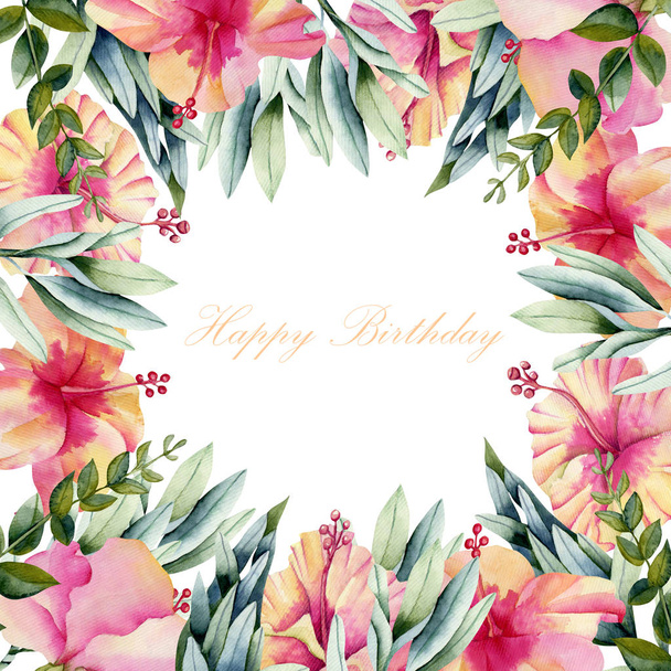 Card template with floral border from watercolor hibiscus flowers and green leaves, hand painted on a white background, birthday card design - Foto, afbeelding