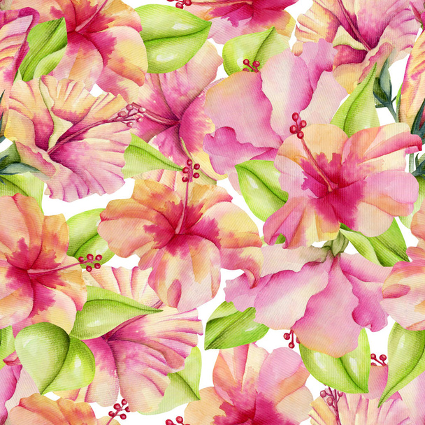 Watercolor hibiscus flowers and leaves seamless pattern, hand painted on a white background - Фото, изображение