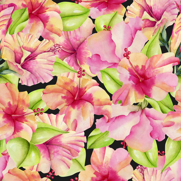 Akvarelu hibiscus květy a listy vzor bezešvé, ručně malované na tmavém pozadí - Fotografie, Obrázek