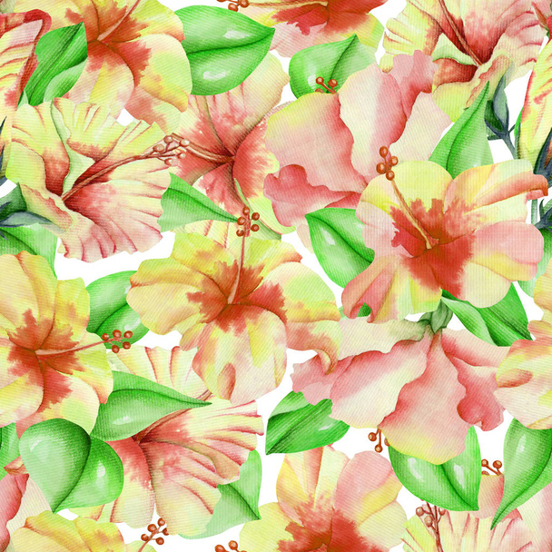 Watercolor hibiscus flowers and leaves seamless pattern, hand painted on a white background - Photo, Image