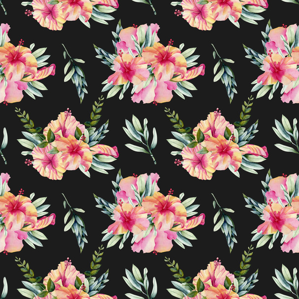 Watercolor hibiscus flowers, branhces and leaves bouquets seamless pattern, hand painted on a dark background - Photo, Image