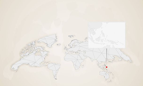 Palaun kartta naapurimaiden kanssa on kiinnitetty maailmankartalle. Abstrakti kolmiot Maailman kartta
. - Vektori, kuva