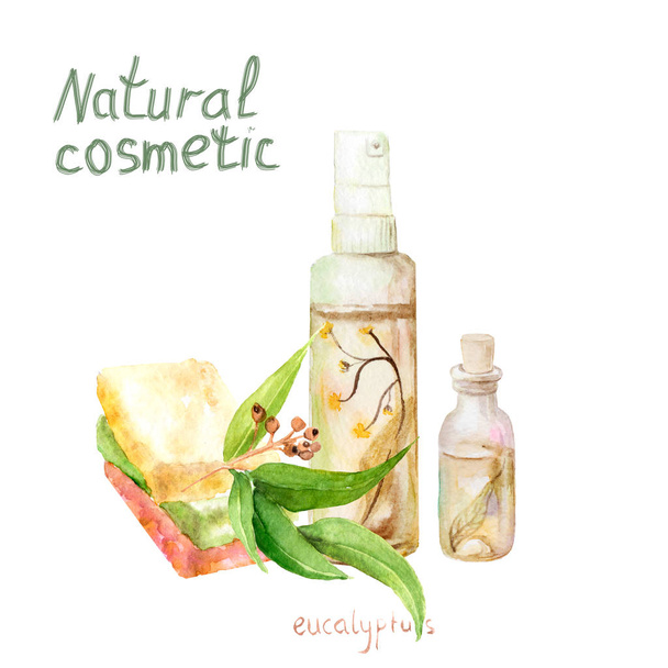 watercolor drawings, compositions on the theme of natural cosmetics - Photo, Image