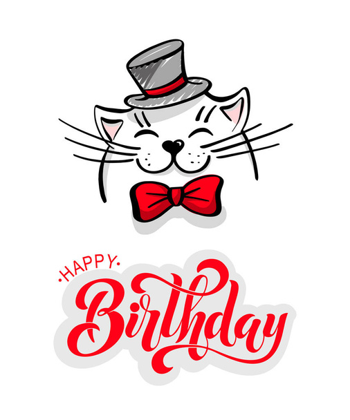 Kawaii, egy elégedett fehér macska-val egy kalapot és csokornyakkendő. betűkkel boldog születésnapot. Kézzel rajzolt vektoros illusztráció. Rajzfilm stílusú - Vektor, kép