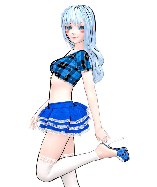 Sexy anime 3d doll japanese anime schoolgirl big blue eyes bright makeup.Short blue jeans skirt blouse.Cartoon, comics, sketch, drawing, manga illustration.Conceptual fashion art.Seductive candid pose - Foto, immagini