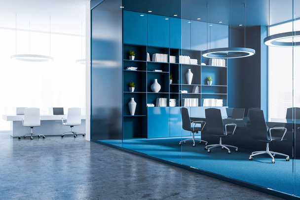 Уголок конференц-зала с голубыми стенами и полом, длинный стол с голубыми стульями и синим книжным шкафом. 3d-рендеринг
 - Фото, изображение