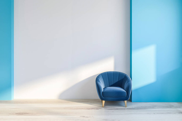 Εσωτερικό του μινιμαλιστικό σαλόνι με λευκά και μπλε τοίχους, ξύλινο δάπεδο και αναπαυτική πολυθρόνα μπλε με ΞΥΛΙΝΑ ΠΟΔΙΑ. 3D rendering - Φωτογραφία, εικόνα