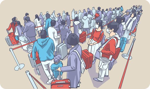 Ilustracja turystycznych osób oczekujących w kolejce transportu publicznego na lotnisko - Wektor, obraz