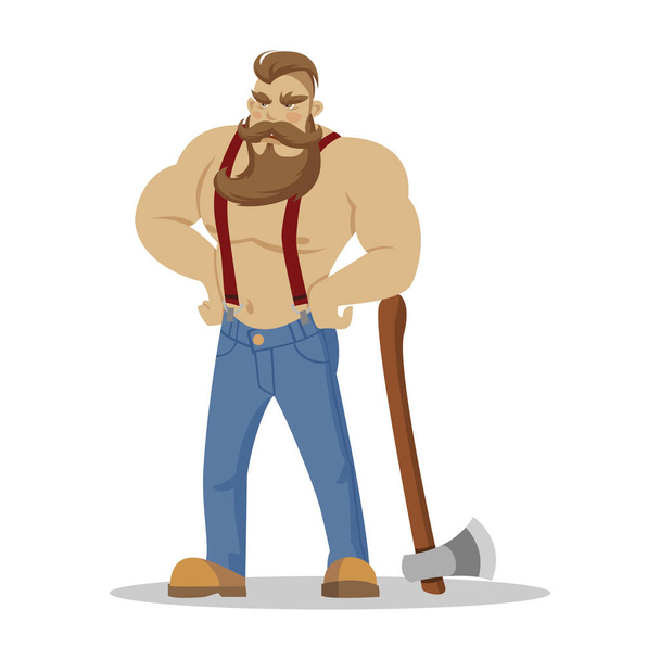 Homem barbudo brutal Lumberjack em camisa quadriculada vermelha com machado nas mãos. Cortador de madeira. conceito de caminhadas e viagens Wanderlust
 - Vetor, Imagem
