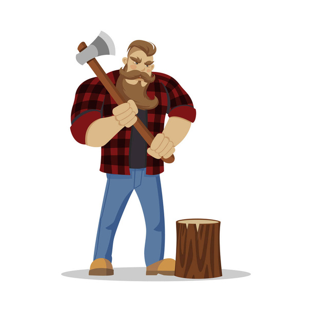 Lumberjack brutal bearded man in red checkered shirt with axe in hands. Woodcutter. Wanderlust hiking and travel concept - Vecteur, image