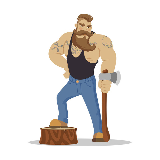 Lumberjack brutal bearded man in red checkered shirt with axe in hands. Woodcutter. Wanderlust hiking and travel concept - Wektor, obraz