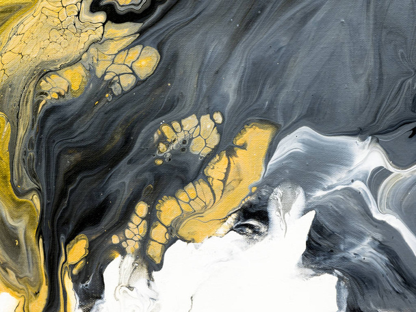 Black and white with gold marble abstract hand painted background, close-up of acrylic painting on canvas. Contemporary art. - Fotó, kép