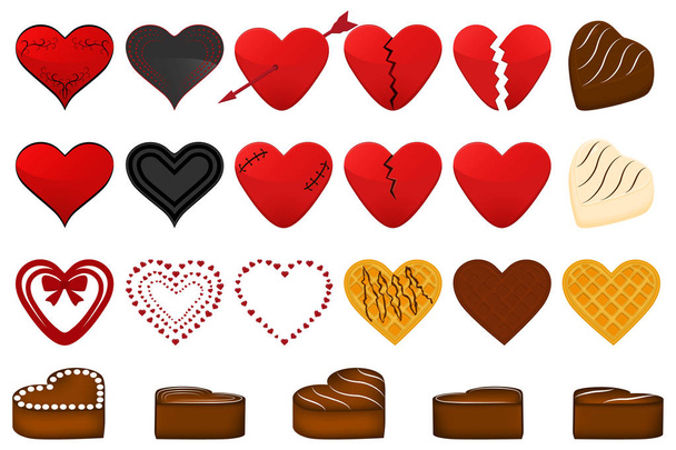 Illustration on theme big colored set different types beautiful red hearts for Valentine day. Heart pattern consisting of collection accessory at Valentine day. Layout heart is symbol day Valentine. - Vector, Image