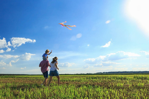 Happy family. Mother, father and daughter are flying a kite in the field. back view, copy space. - Zdjęcie, obraz