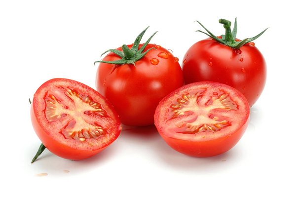 Half and whole fresh tomatoes isolated on white background - Φωτογραφία, εικόνα