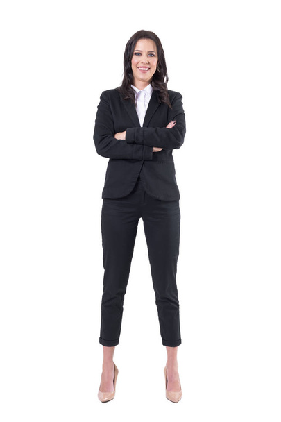 Joyful happy successful business woman with crossed arms smiling and looking at camera. Full body isolated on white background.  - 写真・画像