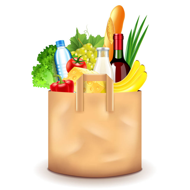 白の写実的なベクトル図に分離された紙袋に食品 - ベクター画像