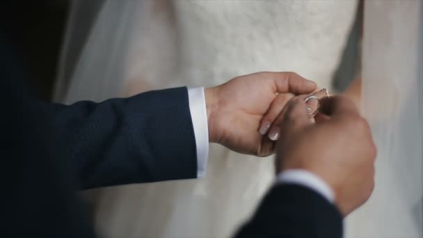 Le marié met l'alliance sur le doigt de la mariée. mains de mariage avec anneaux. Les mariés échangent des alliances
. - Séquence, vidéo