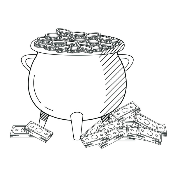 line coins cash money inside pot cauldron and bills vector illustration - Vector, Image